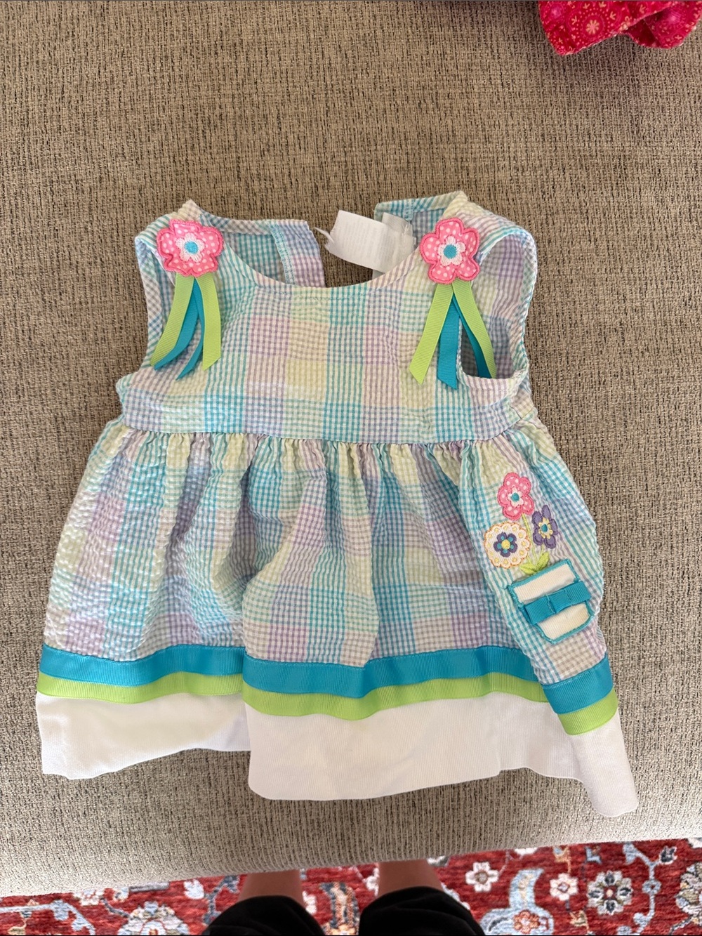 Youngland Pastel Plaid Dress with Pink Flower Accents
